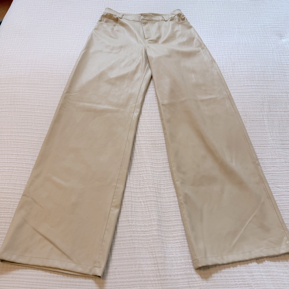 Zara Vegan Leather Beige Wide-Leg Trousers. Size 6